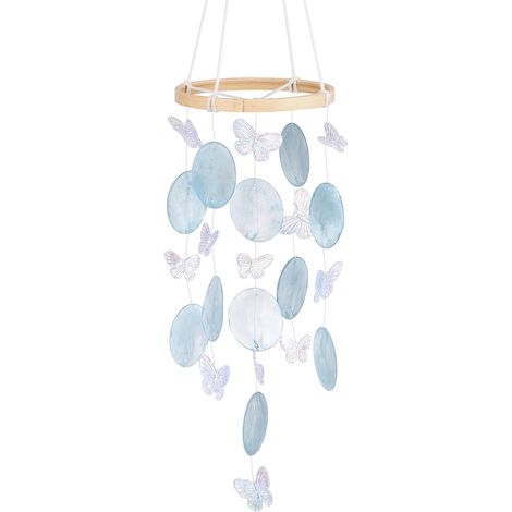 Carillon de vent coquillages bleus avec détails papillons et bague en bambou – Sons doux et étincelants, décoration intérieure aérée (1/5)