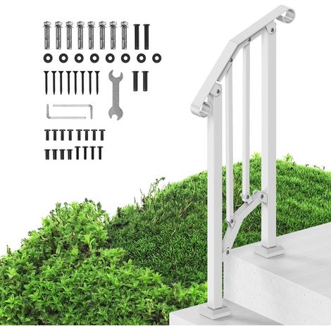 Rampe d'Escalier pour 1-2 Marches Extérieures Main Courante Escalier en Acier au Carbone, avec Kit d'Installation, pour Personnes Âgées, Marches en Béton, Porche, Terrasse, Arche Rétro Blanc (1/5)