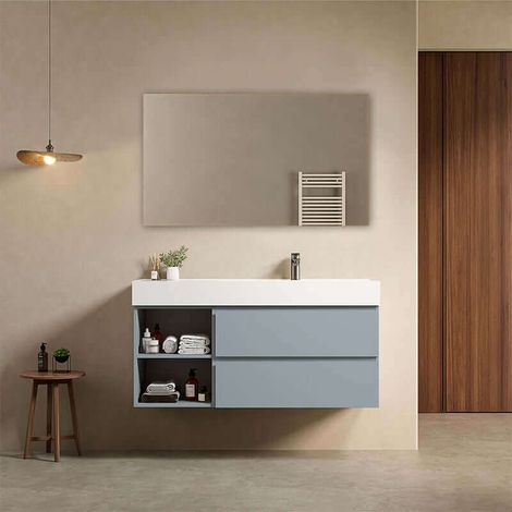Mobile bagno sospeso 120 cm Blu Avio Lavabo a Destra in Resina Specchio Quadro - Fiji Paint Plus (1/4)