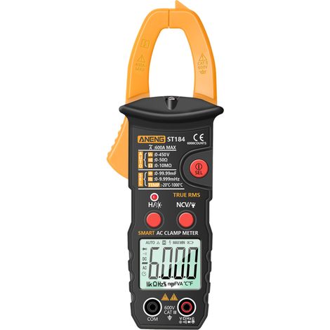 Multimetro digitale a pinza True RMS, rilevatore di tensione CC/CA, amperometro CA con funzioni di test di resistenza, capacità, NCV, continuità e temperatura.