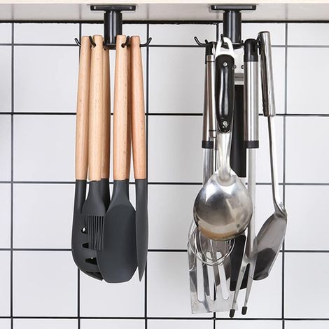 Lot de 2 Rotatif à 360° Porte Ustensiles Cuisine,Support Ustensiles Cuisine avec 6 crochets,sans perçage Rangement Organiseur Rack,pour cuisine/Bains/garde-robe (Noir) (1/5)