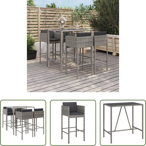 vidaXL Barhocker - 5-tlg. Gartenbar-Set mit Kissen Grau Poly Rattan (1/5)