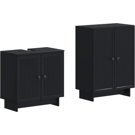 Ensemble meuble de salle de bain sous-vasque et rangement bois d'ingénierie noir lot de 2 (1/5)