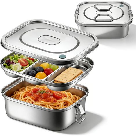 Portapranzo in acciaio inox a doppia parete da 2000 ml, a tenuta stagna, con 3 scomparti, ideale per l'ufficio e in viaggio. (1/5)