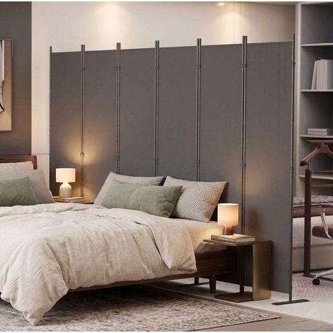 Paravento divisorio 304x180 cm in metallo e poliestere grigio scuro autoportante - MEUBLIV (1/5)