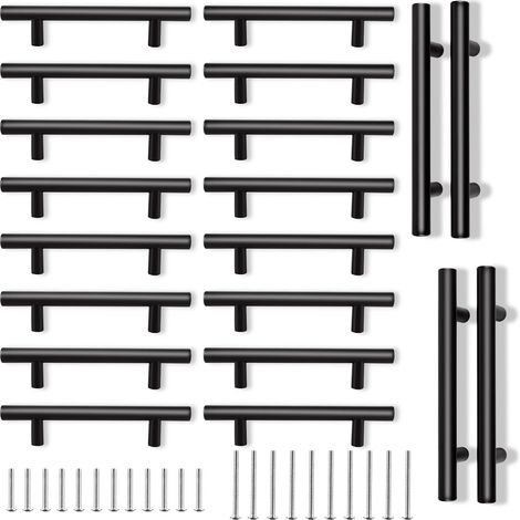 Confezione da 20 maniglie per mobili da cucina nere con foro centrale da 96 mm, maniglie per porte dei cassetti nere opache, maniglie a T in acciaio inox per cassetti da cucina e bagno (lunghezza tota (1/5)