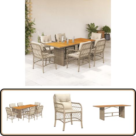 7-tlg. Garten-Essgruppe mit Kissen Beige Poly Rattan - Gartensessel - Gartenstuhl - Gartenmöbelset - Outdoor Möbel - Rattan Gartenmöbel
