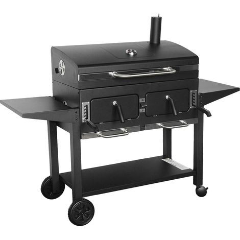Barbecue Grill charbon de bois - Bernard XL Noir - Avec récupérateur de cendres. aérateurs. bac charbon ajustable et tablettes rabattables. L 160 x P 107.5 x H 141cm