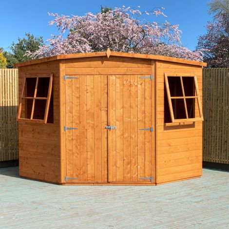 Corner Shed Double Doors Tongue and Groove Garden Shed Workshop Approx 7 x 7 Feet - Honey Brown Timber Basecoat (1/3)
