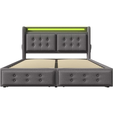 Cama con almacenaje 160x200 cm con cabecero LED y puertos USB-C, 4 cajones, gris, HOMVRA (1/5)