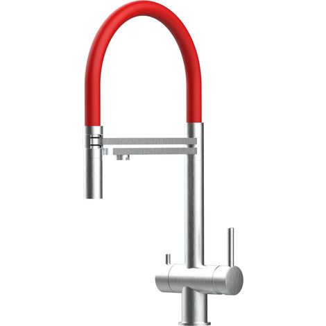Rubinetto 3 vie miscelatore lavello cucina VIZIO in Acciaio INOX Spazzolato - Canna rossa movibile e doccia due getti staccabile - ACCIAIO CHIRURGICO AISI 316 (1/5)