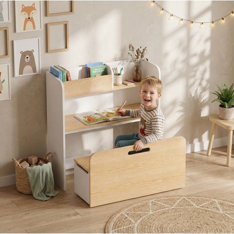 Mesa infantil 5-en-1 con banco con ruedas, estante y cofre de almacenamiento, altura 42 cm, madera blanca (1/5)