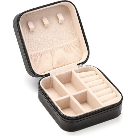 Boîte à bijoux de voyage Mini boîte portable de bijoux Petit organisateur pour bijoux pour bagues, boucles d’oreilles, pendentifs, montres, colliers, étui organisateur de rouge à lèvres (noir) (1/3)