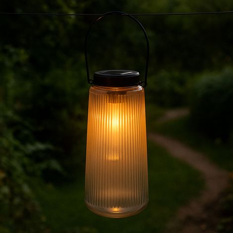 Lanterna a luce solare a LED per esterni, lampada da giardino, decorazione per balconi, vetro, plastica, metallo, batteria ricaricabile IP44, 3000K bianco caldo, H 25 cm