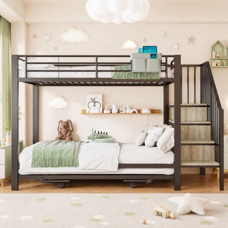 Etagenbett 90x200 cm Schwarz aus Metall mit Ausziehbett, Stauraumtreppe und Betttasche (1/5)