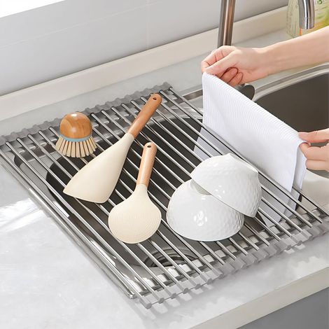 Scolapiatti in acciaio inox sopra il lavello, tappetino scolapiatti pieghevole, organizer da cucina per strofinacci, frutta e verdura (grigio (37 x 30 cm))