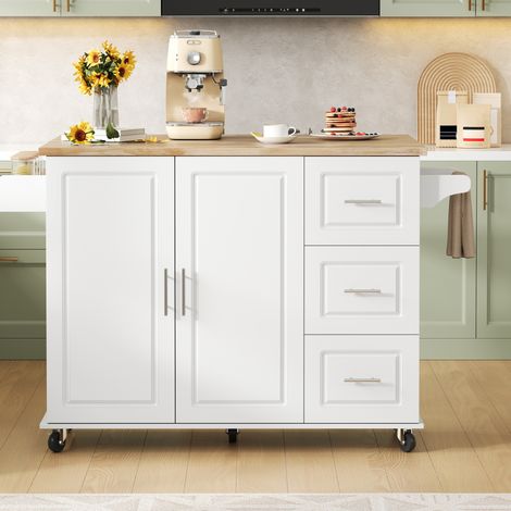 Isla de cocina 137/43(76)/92 cm blanca con tablero abatible, 3 cajones y ruedas (1/5)