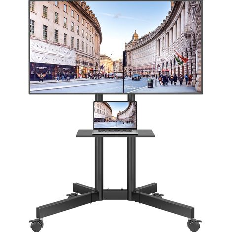 Support TV sur Pied avec Roulettes, Pied TV Universel Inclinable et Réglable en Hauteur 32-85 Pouces, Charge Max 55 kg, VESA 600x400 mm, Support Télévision Mobile avec Étagère pour Salon