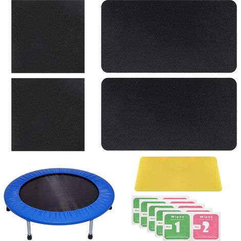 Lot de 10 Auto-Adhésif Trampoline Réparation Patch Kit, 2 Carré & 2 Rectangle Tapis Trampoline Réparer Déchirures ou Trous Pièces avec Grattoir & Lingettes Humides/Sèches (1/5)