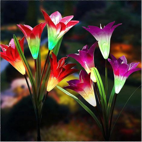 lampes lys, 4 têtes de fleurs artificielles LED, lampe de jardin extérieure, lampe d'aménagement paysager pour pelouse (rouge + violet) (1/5)