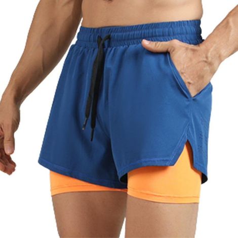 Short de sport homme double couche avec poche zippée, respirant et à séchage rapide, idéal pour l'entraînement et le cyclisme - Taille S - Bleu (1/4)