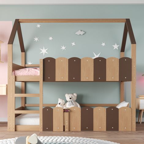 Letto a castello a casetta bambini 90x200 cm in legno con sponde di sicurezza, senza materasso, naturale (1/5)