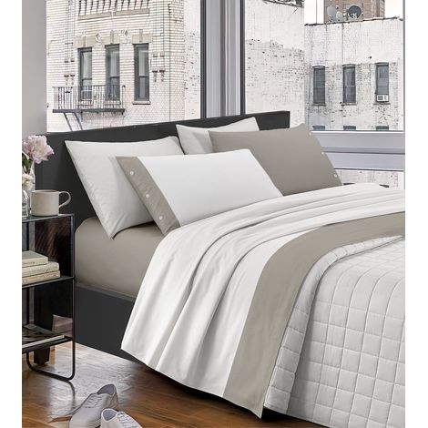 Completo Letto Lenzuola Matrimoniale Elegante,100% Cotone, Set Letto Due Piazze,Tinta Unita Lenzuolo Sopra, Sotto e Federe Con Bordo Applicato Soft Touch Misure Maxi  Tortora - Matrimoniale (1/4)