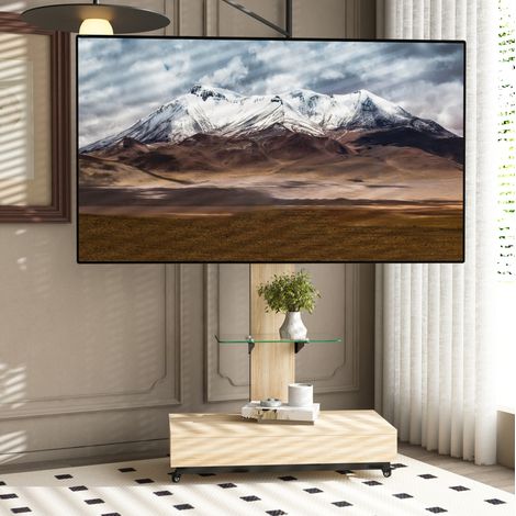 REDOM - Mobile porta TV, supporto orientabile, ripiano in vetro temperato regolabile, cassetto, MDF metallo, legno naturale (1/5)