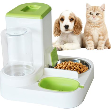 Distributeur automatique de nourriture et d'eau pour chats 2 en 1, 2,2 L de nourriture + 1 L d'eau, bol en acier inoxydable, hygiénique et pratique pour chats et petits chiens (légumes) (1/5)