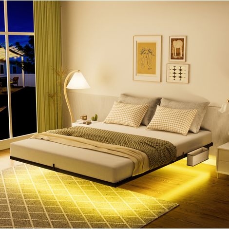 Lit moderne flottant en acier noir 140x200 cm avec LED, station de charge USB/USB-C et sommier à lattes en métal (1/5)