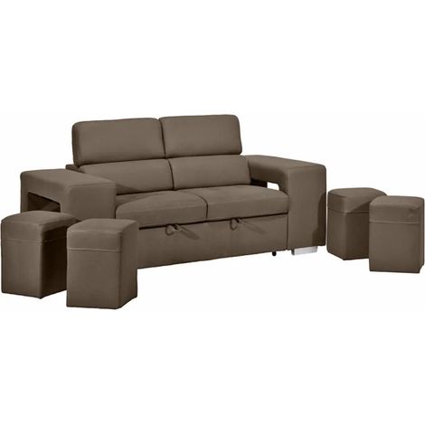 Canapé 3 places convertible tissu taupe et têtières réglables - VEGAS (1/5)