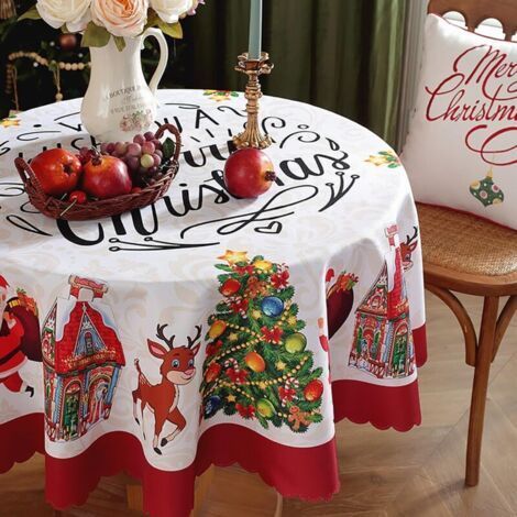 Christmas Tablecloth - Stain Resistant Table Cloth Washable Polyester Tablecloth 150cm Rectangular and Round Table Cover for Christmas Party Supplies (Circle),Ideal for Holiday Decorations (1/5)