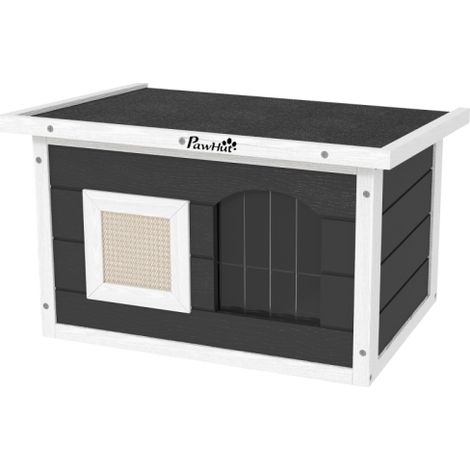 Cuccia per gatti in legno con tiragraffi, tendina e design resistente alle intemperie tetto incernierato pavimento rimovibile adatta sia per interni che per esterni dimensioni: 61 x 45 x 36,5 cm color (1/5)