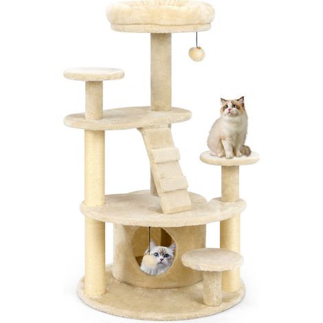 Costway – Arbre à chat XXL 101 cm – 2 poteaux à griffer en sisal – 7 plateformes – condo et échelle d'escalade – beige foncé (1/5)