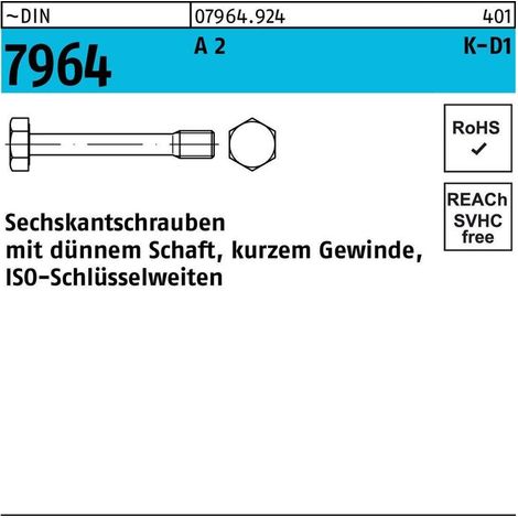 Vis à tige mince DIN 7964 tige M8x 20/10 A 2 100 pièces