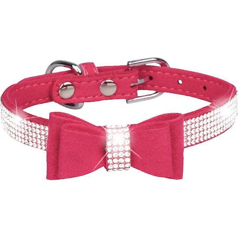 Collier pour chien, collier pour chat, collier avec nœud papillon en cristal scintillant et fermoir doré, en cuir velours épais (1/4)