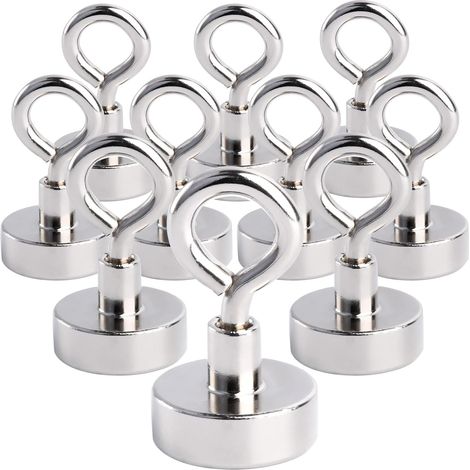 10 extra starke 16 mm Neodym-Magnethaken – 7 kg Zugkraft – Ösenmagnet mit Haken – runder Magnethalter für Camping, Garage, Küche, Büro (1/5)