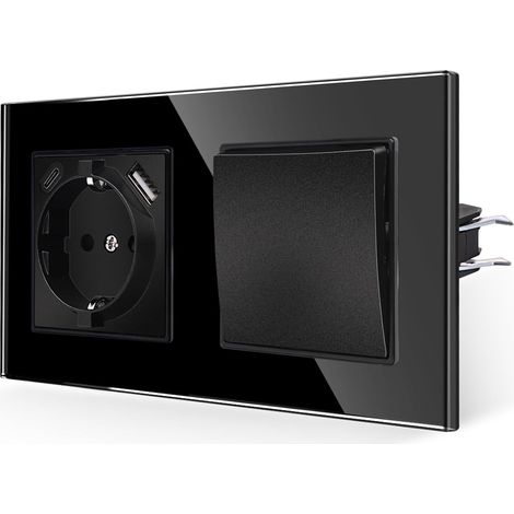 Interrupteur avec prise noire, prises en verre 16 A avec charge rapide USB et port de type C max.2,1 A, prise murale encastrée 157 x 86 mm, 250 V (1/5)