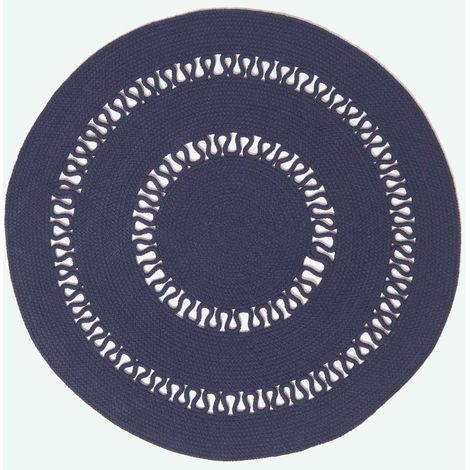 HOMESCAPES Geflochtener runder Teppich mit Häkel-Muster, dunkelblau, 70 cm