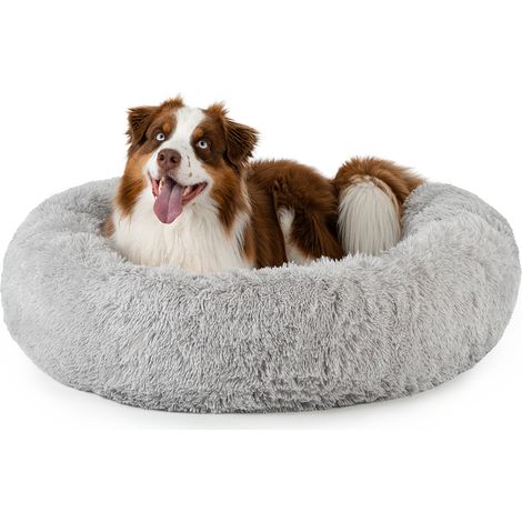 lionto Donut Hundebett, rundes Hundesofa mit Plüschbezug & Anti-Rutsch-Noppen, weich & gemütlich, 100 cm Durchmesser, hellgrau