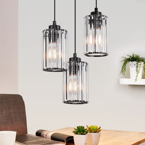 GBLY Pendelleuchte Esstisch Küchenlampe Hängend Runden- Hängelampe Wohnzimmer E27 Esstischlampe Schwarz Schlafzimmer Hängeleuchte 3 Flammig Glas Pendellampe Esszimmer Kristall(ohne Leuchtmittel)