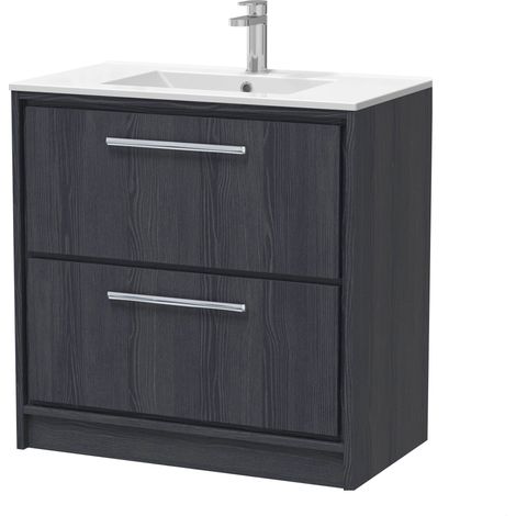 Longnor 2 Drawer Floor Standing Vanity Unit with 1 Tap Hole Minimalist Basin, Woodgrain Graphite Grey, 800mm (1/4)