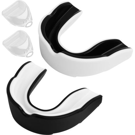 paradenti da boxe, paradenti sportivi per bambini e adulti con custodia portatile - Protezione antiurto superiore per rugby, boxe, MMA, hockey, taekwondo (bianco e nero) (1/5)