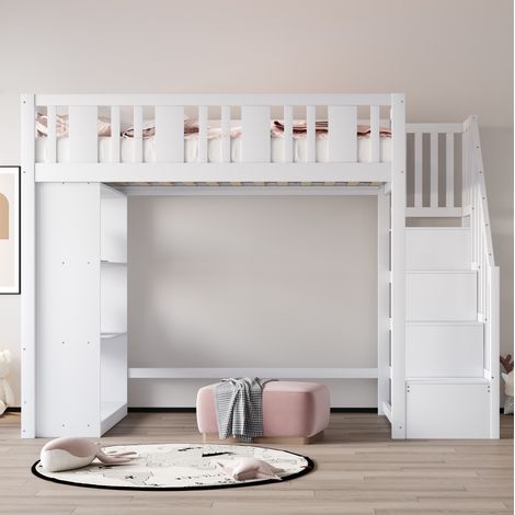 DESVIAE Lit mezzanine enfant 90 x 200 cm avec escalier de rangement et 3 compartiments de rangement en bois blanc (1/4)