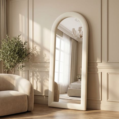 Koonmi Miroir pleine longueur, cadre floqué et capitonné - Angle droit arqué - Sur pied ou mural - 60 x 160 cm - Blanc (1/4)