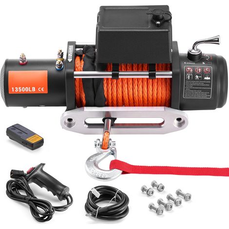 Treuil électrique 6100 kg, 12V, câble synthétique 0,95 cm x 24 m, télécommande sans fil et filaire, pour remorquage 4x4, SUV, Jeep, remorque, bateau. (1/5)