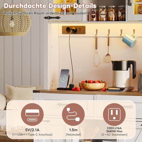 Buffet blanc style rustique, meuble de rangement de cuisine avec éclairage LED et prises, 2 tiroirs spacieux, portes en style grange, étagères réglables, table sideboard pour café, grand placard de sa (1/5)