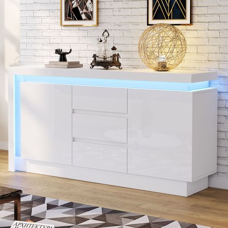 Buffet, 2 portes, 3 tiroirs, éclairage LED, avec étagères, 140 x 35 x 72 cm, pour chambre, fini haute brillance avec bande LED latérale