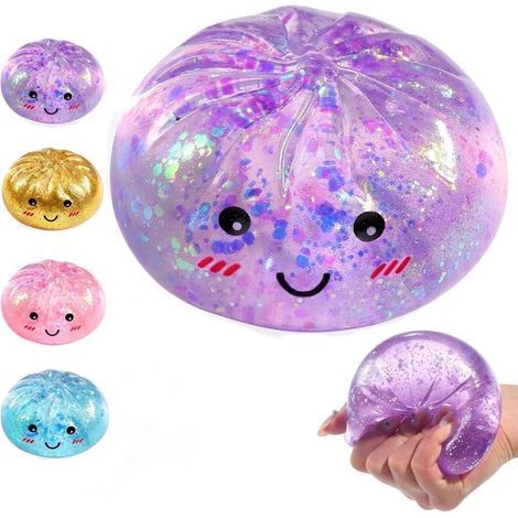 Boîte mystère anti-stress rare en forme de boulette de sucre, jouet à presser en forme de petit pain bao pailleté (violet) (1/5)