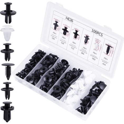 Rivet Clips Voiture Universel, 100 Pièces Clips de Fixation Voiture, Rivet Plastique Fixation, avec Boîte De Rangement et Outil de Démontage, 6 Tailles, Agrafe Carrosserie